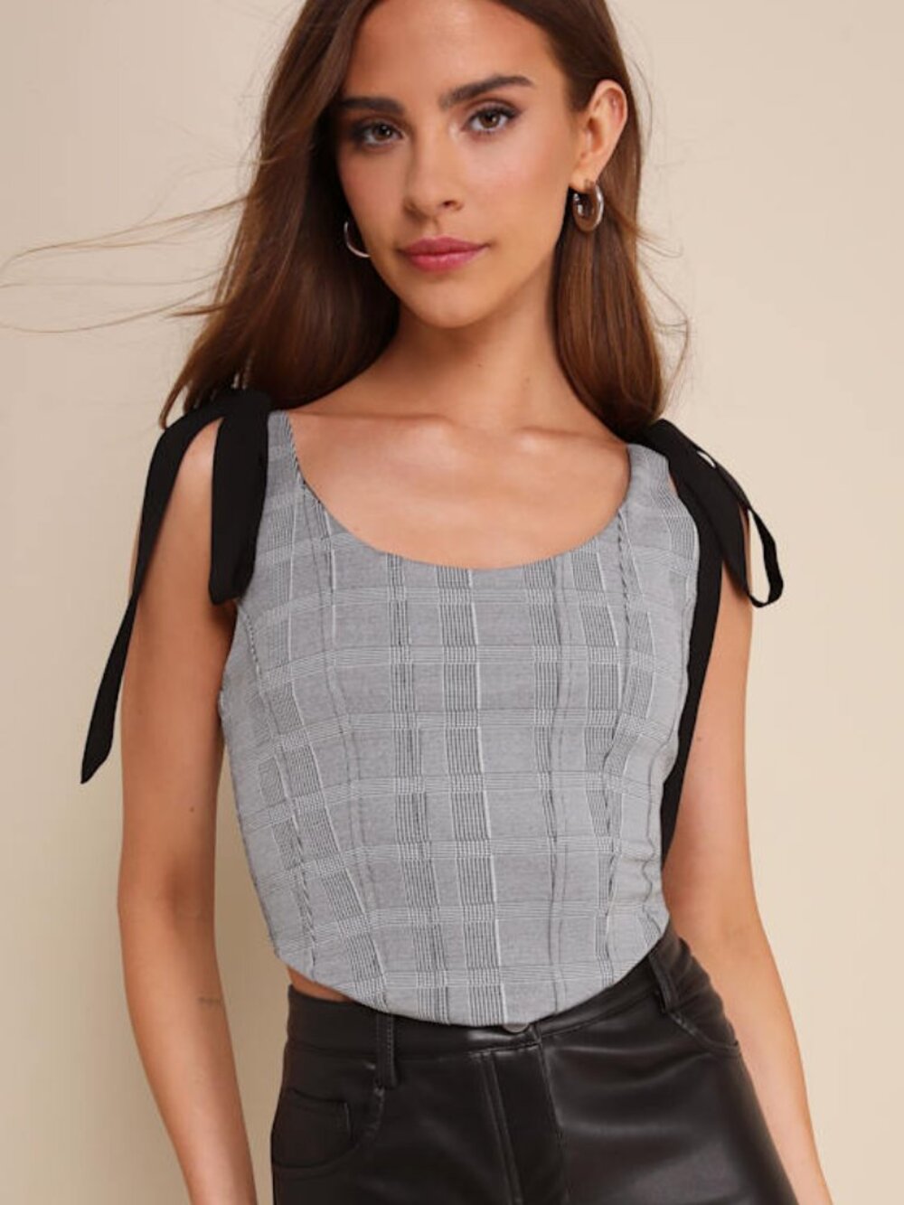 Lulus Chic Temptation Black And Ivory Plaid Tie-strap Crop Top - Size S